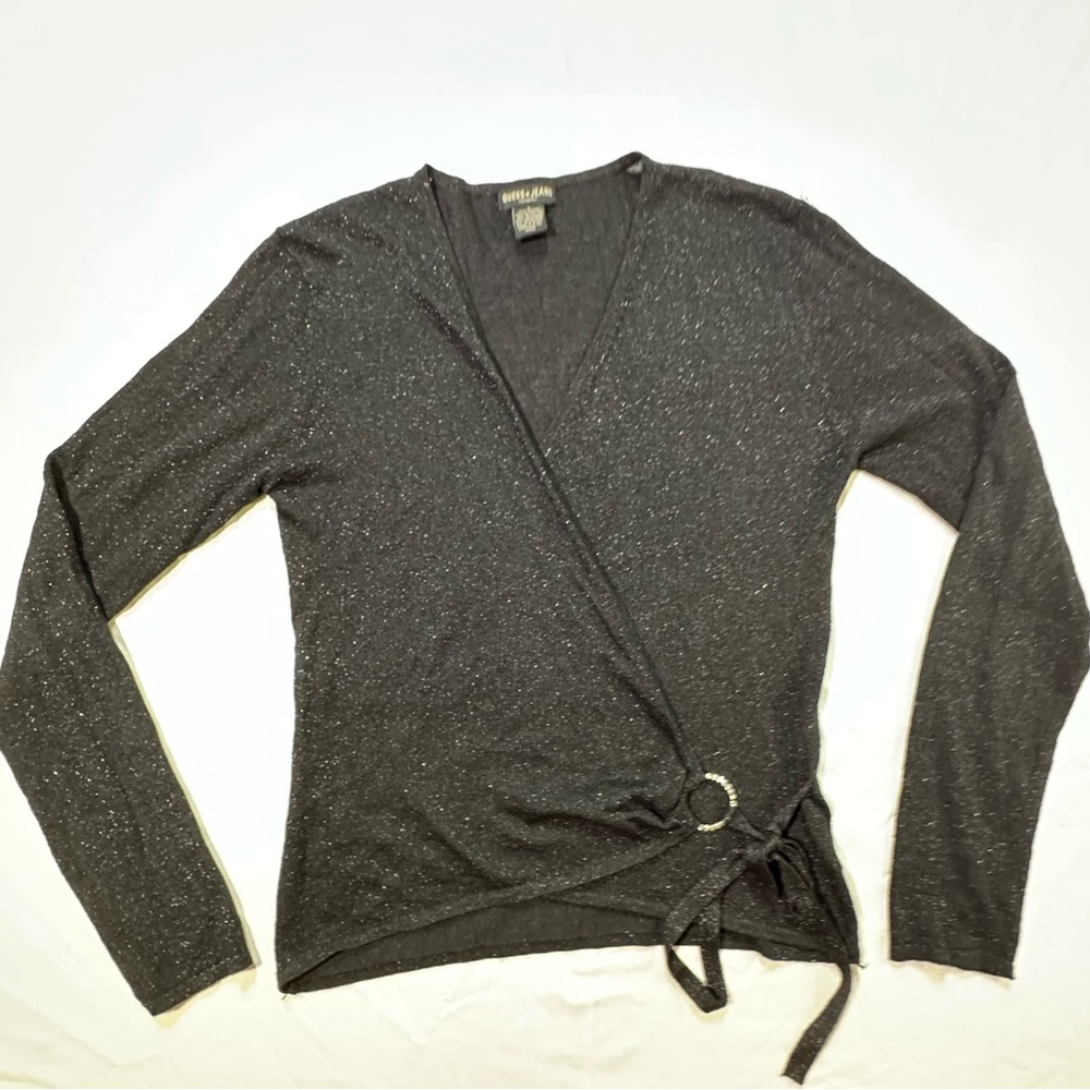 Y2K Guess Wrap long sleeve top black sparkly- women’s large whimsy grunge
